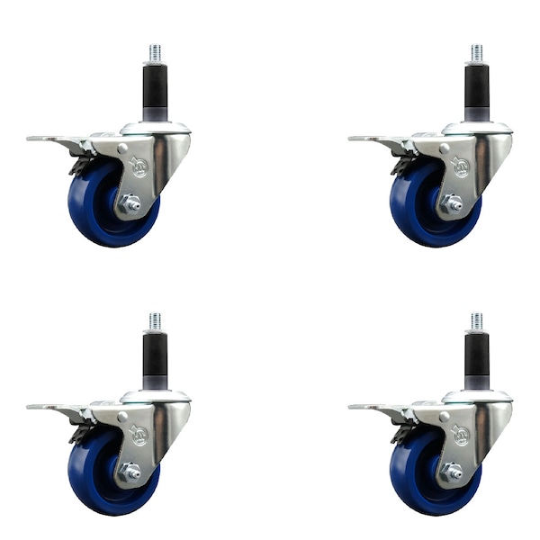 3'' SS Solid Poly Swivel 1-1/8'' Expanding Stem Caster Set Total Lock Brake, 4PK